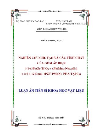 Luận án Nghiên cứu chế tạo và các tính chất của gốm áp điện [(1 - X)pb(zr,ti)oO3 + xpb(mn1/3nb2/3)o3] x = 0 ÷ 12%mol (pzt - pmnn) pha tạp la