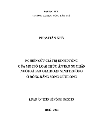 Luận án Nghiên cứu giá trị dinh dưỡng của một số loại thức ăn trong chăn nuôi gà sao giai đoạn sinh trưởng ở đồng bằng sông Cửu Long