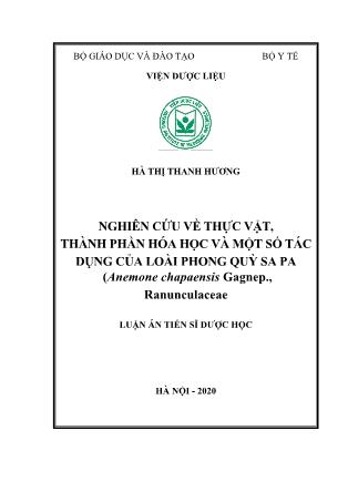 Luận án Nghiên cứu về thực vật, thành phần hóa học và một số tác dụng của loài phong quỳ Sa pa (anemone chapaensis gagnep., ranunculaceae