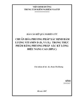 Chuẩn hóa phương pháp xác định hàm lượng Vitamin D (D2 và D3) trong thực phẩm bằng phương pháp sắc ký lỏng hiệu năng cao (HPLC)