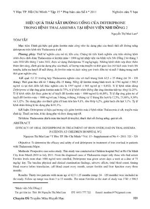 Hiệu quả thải sắt đường uống của deferiprone trong bệnh Thalassemia tại bệnh viện Nhi đồng 2