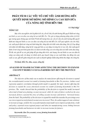 Phân tích các yếu tố chủ yếu ảnh hưởng đến quyết định mở rộng mô hình ca cao xen dừa của nông hộ tỉnh Bến Tre