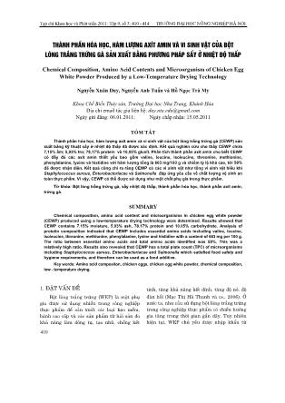 Thành phần hóa học, hàm lượng axít amin và vi sinh vật của bột lòng trắng trứng gà sản xuất bằng phương pháp sấy ở nhiệt độ thấp
