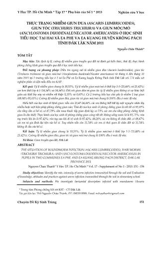 Thực trạng nhiễm giun dua (ascaris lumbricoides), giun tóc (trichuris trichiura) va giun móc / mỏ (ancylostoma duodenale/necator americanus) ở học sinh tiểu học tại hai xã Ea phe va Ea kuang huyện Krông pách tỉnh Đăk lăk năm 2011