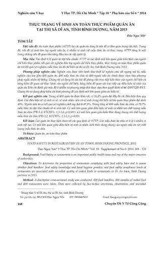 Thực trạng vệ sinh an toàn thực phẩm quán ăn tại thị xã Dĩ an, tỉnh Bình dương, năm 2013