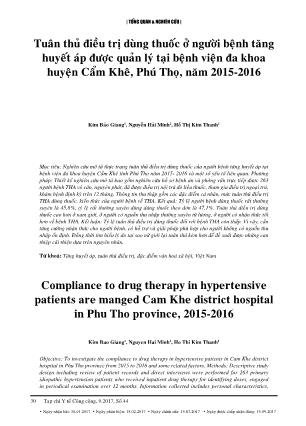 Tuân thủ điều trị dùng thuốc ở người bệnh tăng huyết áp được quản lý tại bệnh viện đa khoa huyện Cẩm Khê, Phú Thọ, năm 2015 - 2016