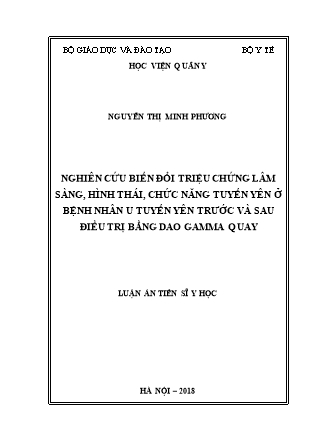 Luận án Nghiên cứu biến đổi triệu chứng lâm sàng, hình thái, chức năng tuyến yên ở bệnh nhân u tuyến yên trước và sau điều trị bằng dao gamma quay