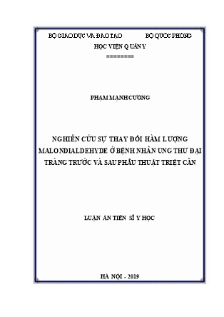 Luận án Nghiên cứu sự thay đổi hàm lượng malondialdehyde ở bệnh nhân ung thư đại tràng trước và sau phẫu thuật triệt căn