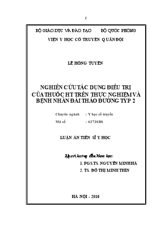 Nghiên cứu tác dụng điều trị của thuốc HT trên thực nghiệm và bệnh nhân đái tháo đường typ 2