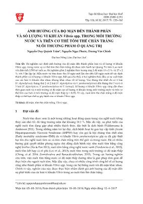 Ảnh hưởng của độ mặn đến thành phần và số lượng vi khuẩn Vibrio SPP. trong môi trường nước và trên cơ thể tôm thẻ chân trắng nuôi thương phẩm ở Quảng Trị