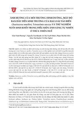 Ảnh hưởng của môi trường dinh dưỡng, mật độ ban đầu đến sinh trưởng của hai loài tảo biển Chaetoceros muelleri, Tetraselmis suecica và thử nghiệm nuôi sinh khối trong điều kiện ánh sáng tự nhiên ở Thừa Thiên Huế