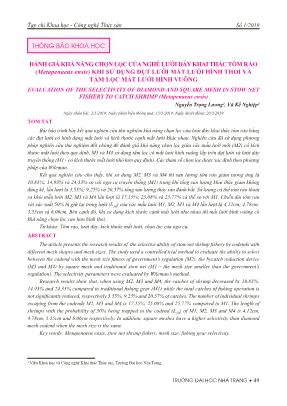 Đánh giá khả năng chọn lọc của nghề lưới đáy khai thác tôm rảo (Metapenaeus Ensis) khi sử dụng đụt lưới mắt lưới hình thoi và tấm lọc mắt lưới hình vuông