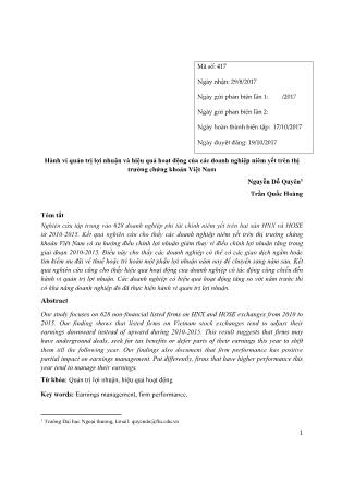 Hành vi quản trị lợi nhuận và hiệu quả hoạt động của các doanh nghiệp niêm yết trên thị trường chứng khoán Việt Nam