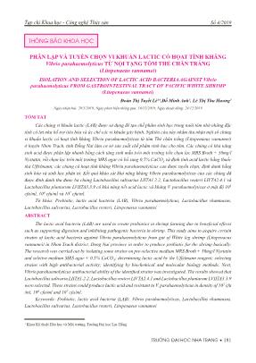 Phân lập và tuyển chọn vi khuẩn Lactic có họat tính kháng Vibrio Parahaemolyticus từ nội tạng tôm thẻ chân trắng (Litopenaeus vannamei)