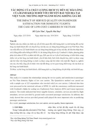Tác động của chất lượng dịch vụ đến sự hài lòng của hành khách đối với chuyến bay nội địa tại Việt Nam - Trường hợp ngành hàng không giá rẻ