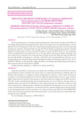 Tiềm năng chế phẩm vi sinh Bacillus và Streptomyces kiểm soát Vibrio Parahaemolyticus gây bệnh AHPND trên tôm thẻ chân trắng (Litopenaeus Vannamei)